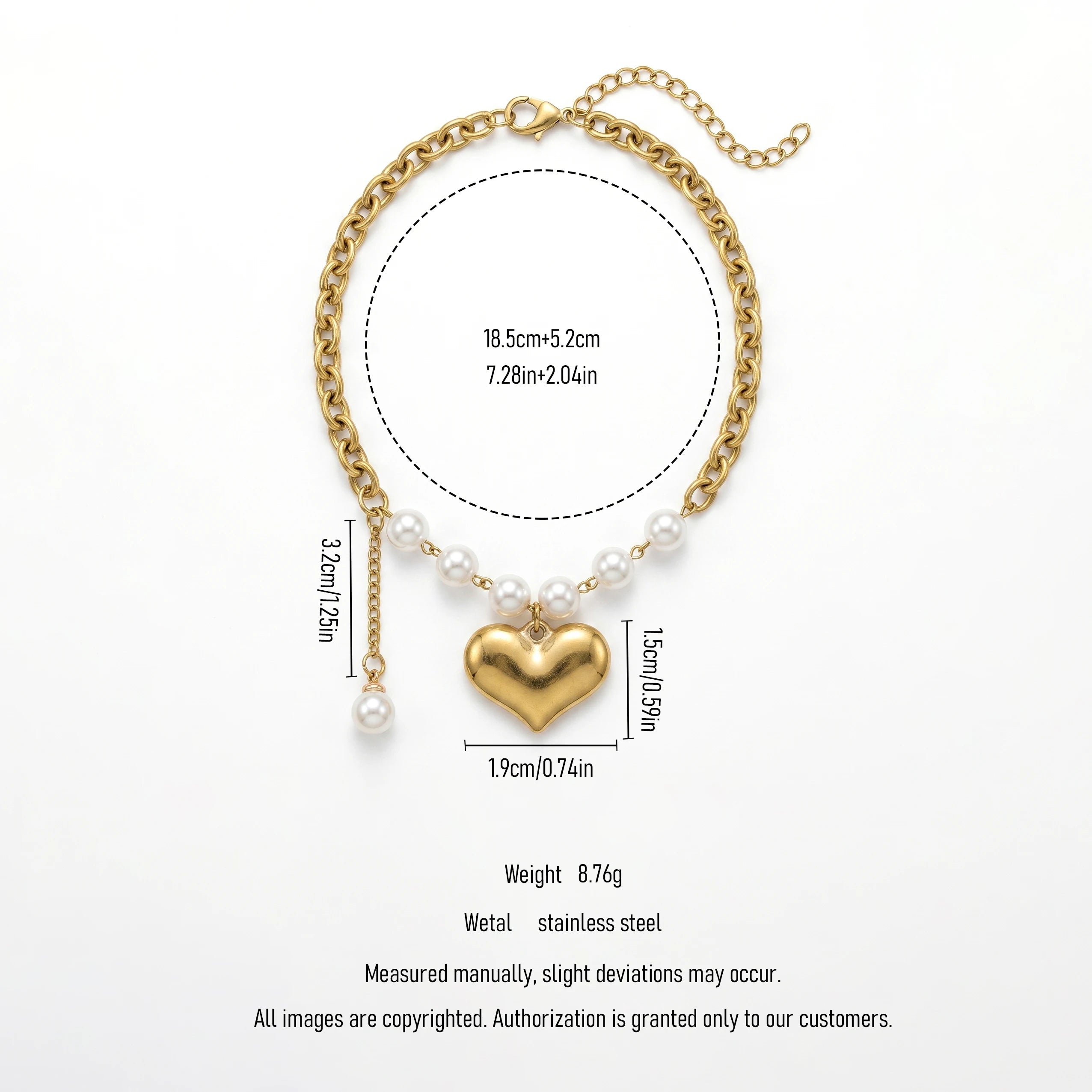 QIAOREN 11728 Trendy Lovers Minimalist Thick Curb Chain Heart Pearl Bracelet Gold Stainless Steel Adjustable Jewelry for Women