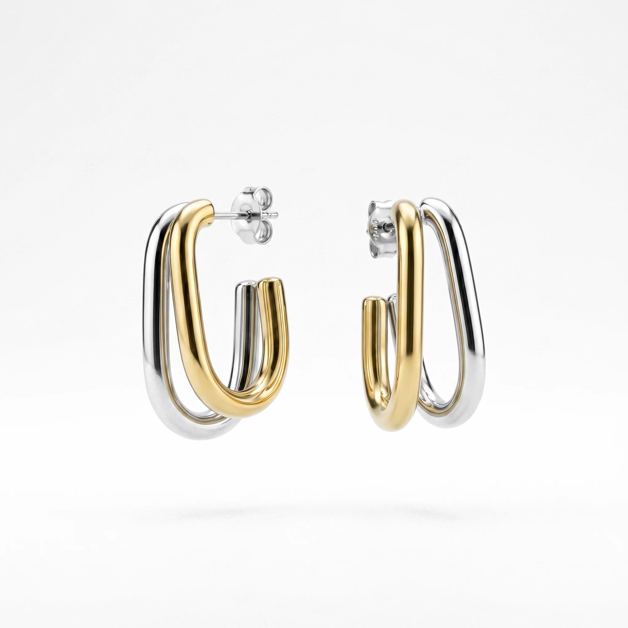 QIAOREN 12754 Minimalist Mixed Tone Double Layer Oval Earrings Stainless Steel Silver Gold Chunky Hoop Daily Jewelry