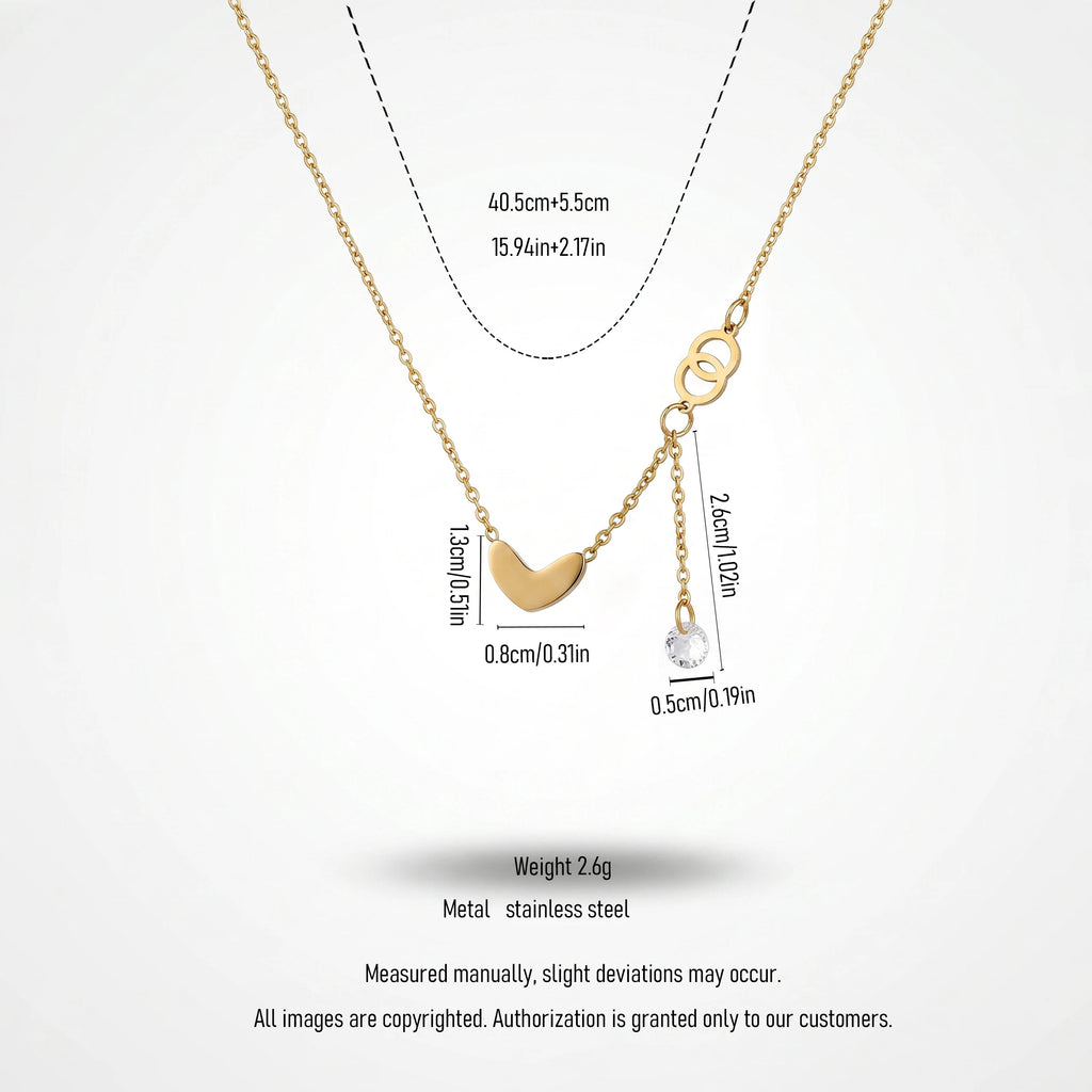 QIAOREN 13803 Oval Link Chain Heart Pendant Necklace with Interlocking Double Circle  & Dangling Single Zircon Drop