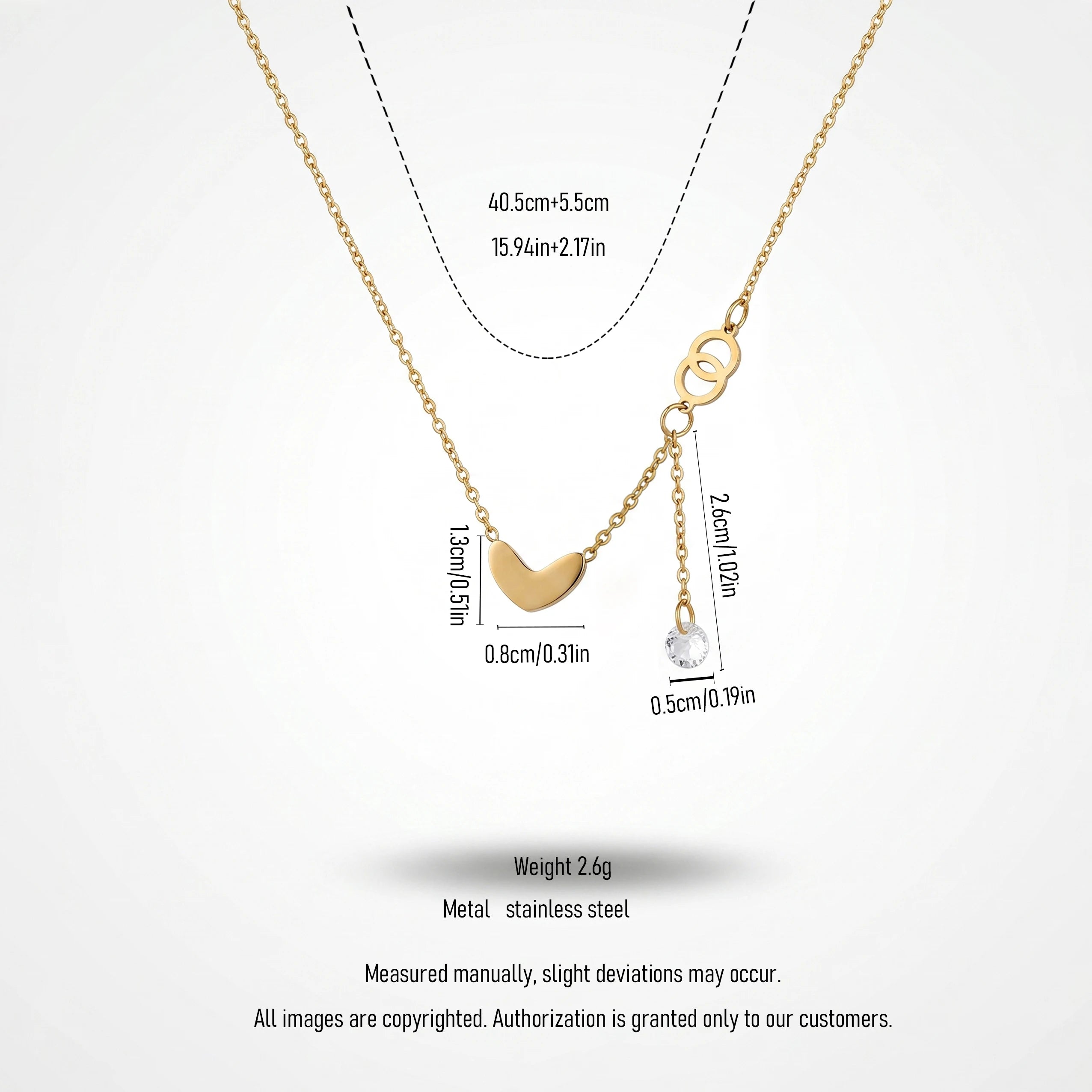QIAOREN 13803 Oval Link Chain Heart Pendant Necklace with Interlocking Double Circle  & Dangling Single Zircon Drop