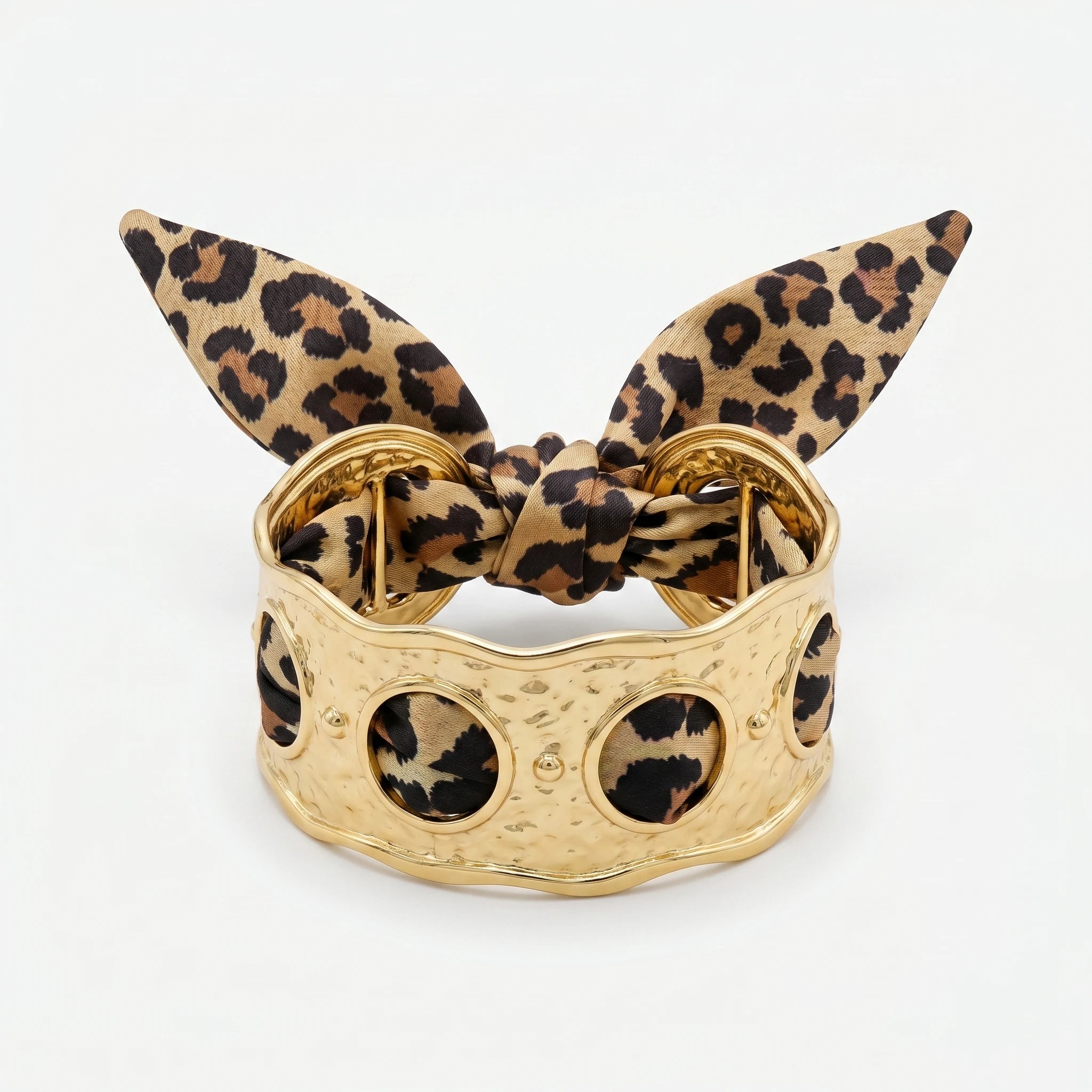 QIAOREN 11003 Leopard Print Scarf Bracelet Gold Stainless Steel Wide Adjustable Boho Beach Jewelry for Women