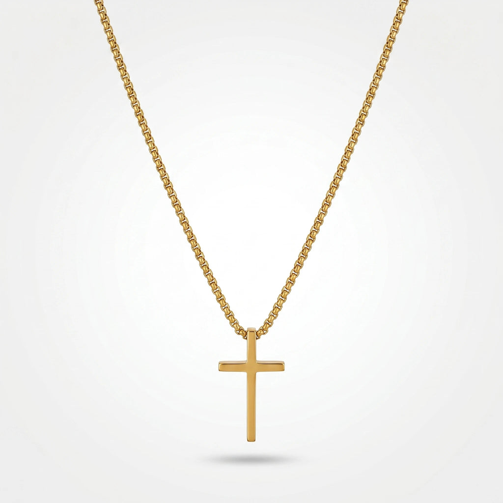 QIAOREN 10653 Trendy Minimalist Cross Pendant Box Chain Necklace 18K Gold Plated Stainless Steel Sweat-Proof Hypoallergenic