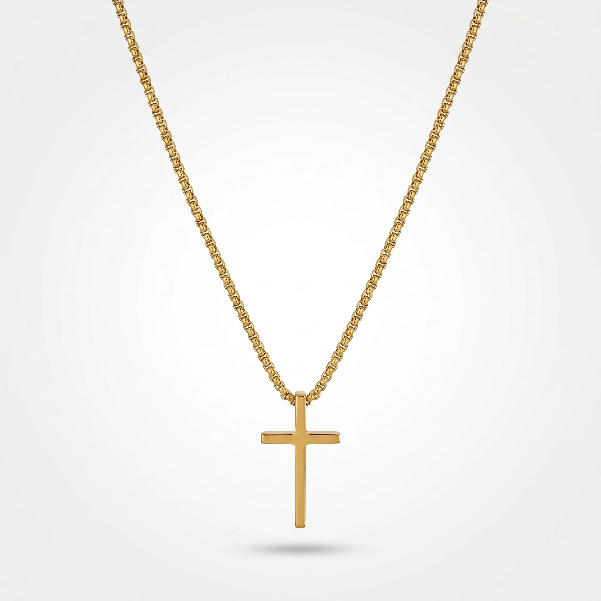 QIAOREN 10653 Trendy Minimalist Cross Pendant Box Chain Necklace 18K Gold Plated Stainless Steel Sweat-Proof Hypoallergenic