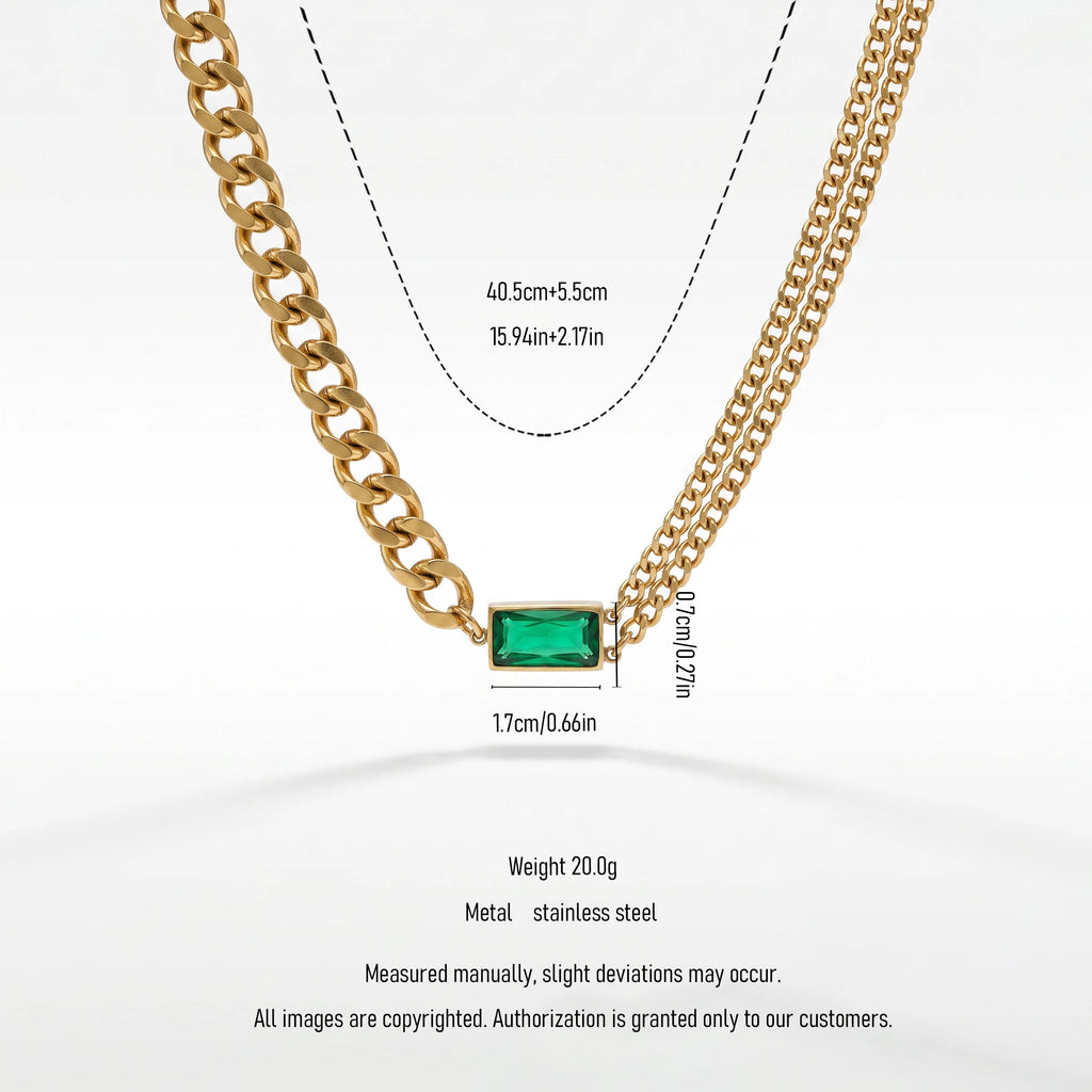 QIAOREN 13473 Two Tone Chain Emerald Rectangle Pendant Necklace, Chunky Curb & Thin Paperclip Link Mixed Neck Jewelry Gift