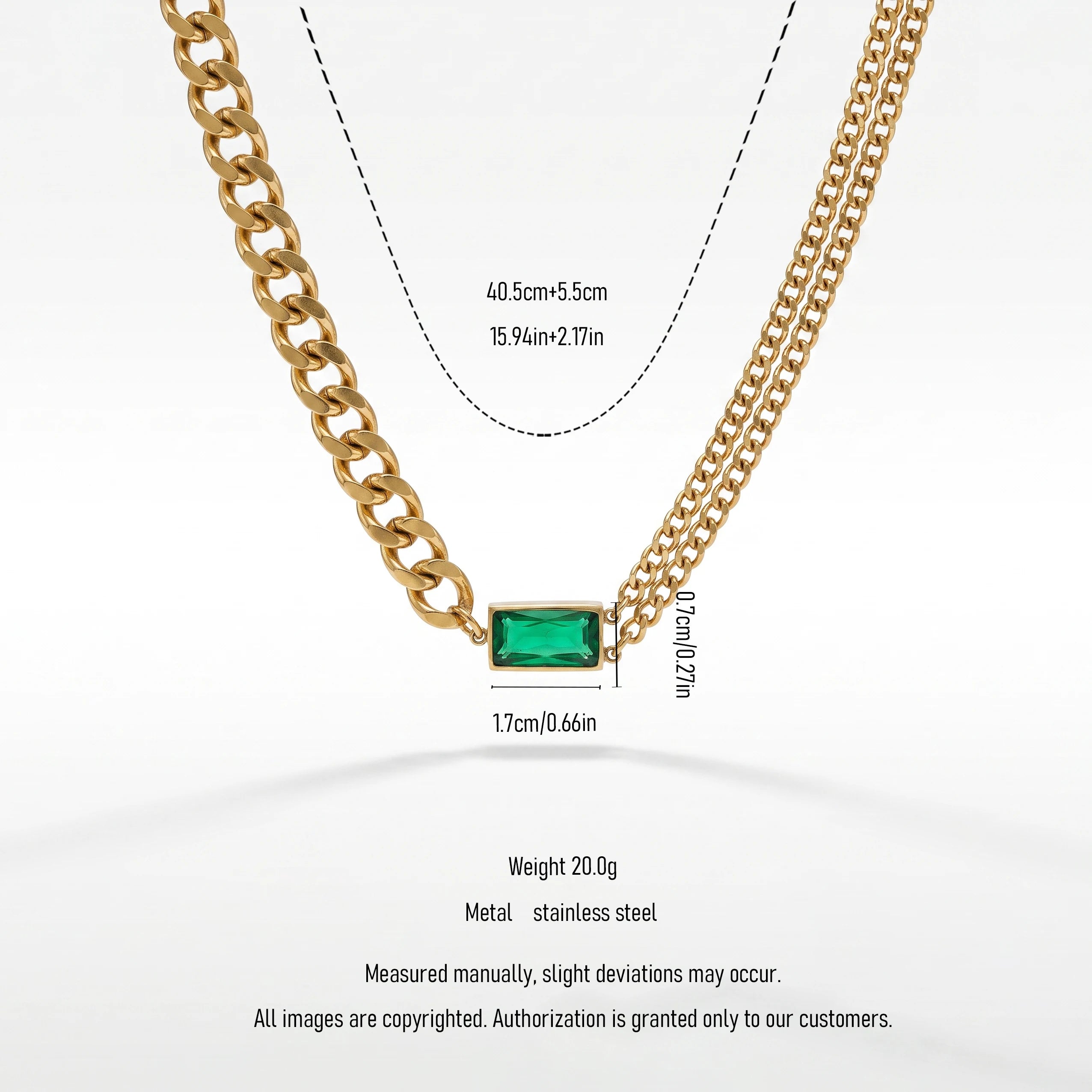 QIAOREN 13473 Two Tone Chain Emerald Rectangle Pendant Necklace, Chunky Curb & Thin Paperclip Link Mixed Neck Jewelry Gift