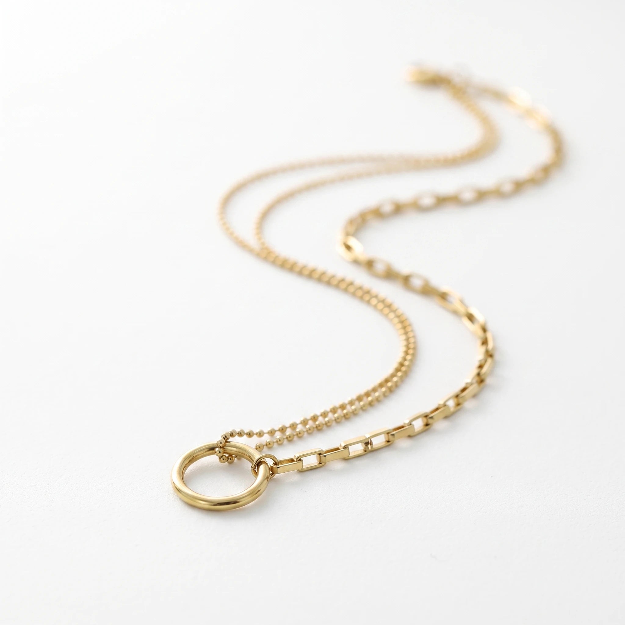 QIAOREN 13464 Circle Pendant Necklace with Ball Bead Chain & Paperclip Link Chain, Minimalist Layering Neck Jewelry Gift
