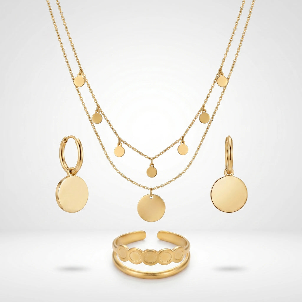 QIAOREN 10901 3pcs Disc Jewelry Set Stainless Steel Layered Necklace Hoop Earrings Adjustable Ring-Trendy Women's Jewelry