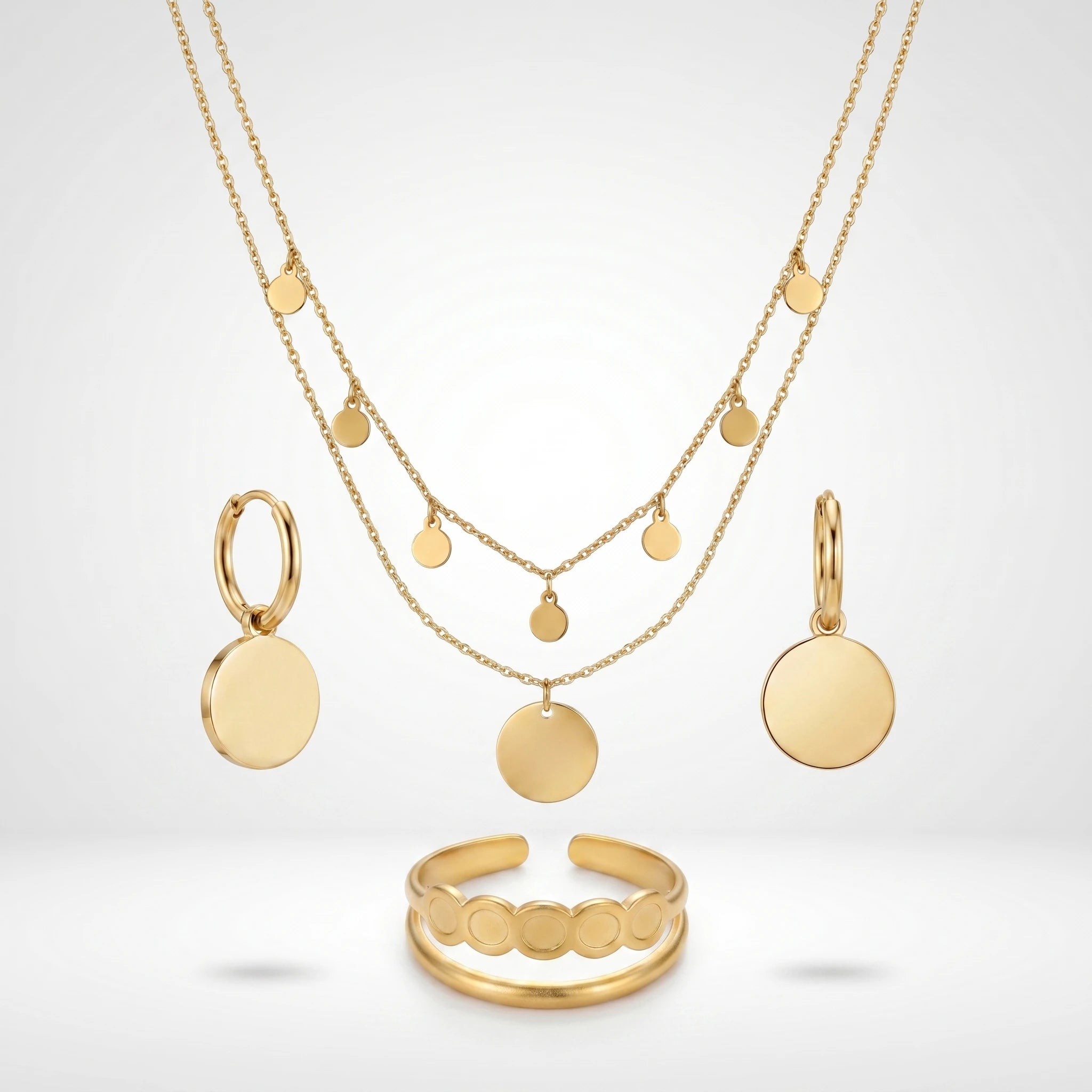 QIAOREN 10901 3pcs Disc Jewelry Set Stainless Steel Layered Necklace Hoop Earrings Adjustable Ring-Trendy Women's Jewelry