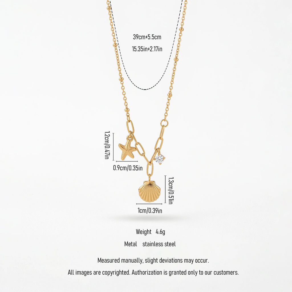 QIAOREN 13549 Stainless Steel Starfish Seashell Charm Necklace Gold Coastal Beach Pendant Paperclip Chain Jewelry for Women