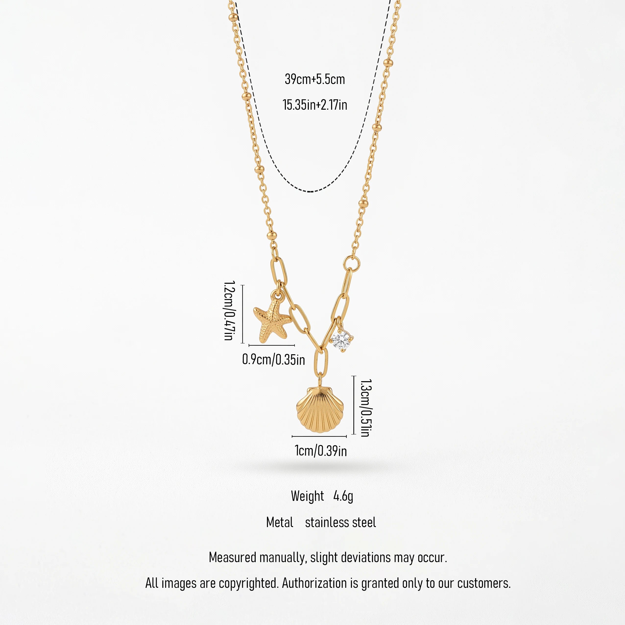 QIAOREN 13549 Stainless Steel Starfish Seashell Charm Necklace Gold Coastal Beach Pendant Paperclip Chain Jewelry for Women