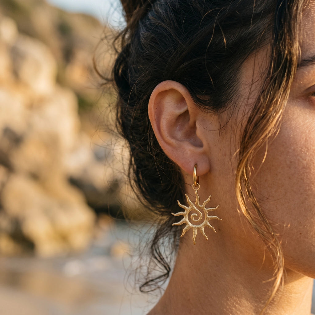QIAOREN 10743 18K Gold Plated Stainless Steel Sun Spiral Hoop Earrings, Hypoallergenic Bohemian Sunburst Drop Earrings for Women