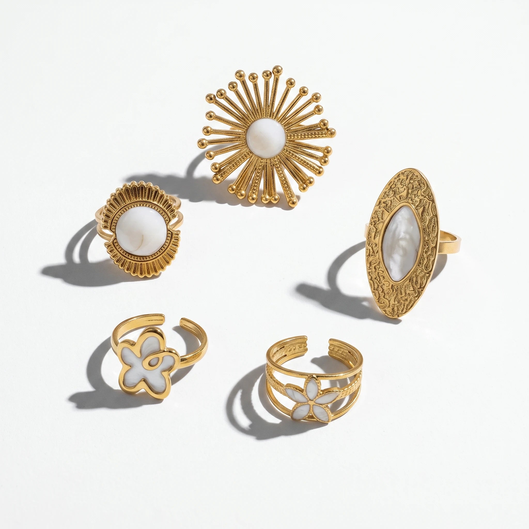 QIAOREN 14197-201 Flower & Sunburst Open Ring Set, White Mica Inlaid Adjustable Stackable Ring Jewelry Gift for Daily Outfits