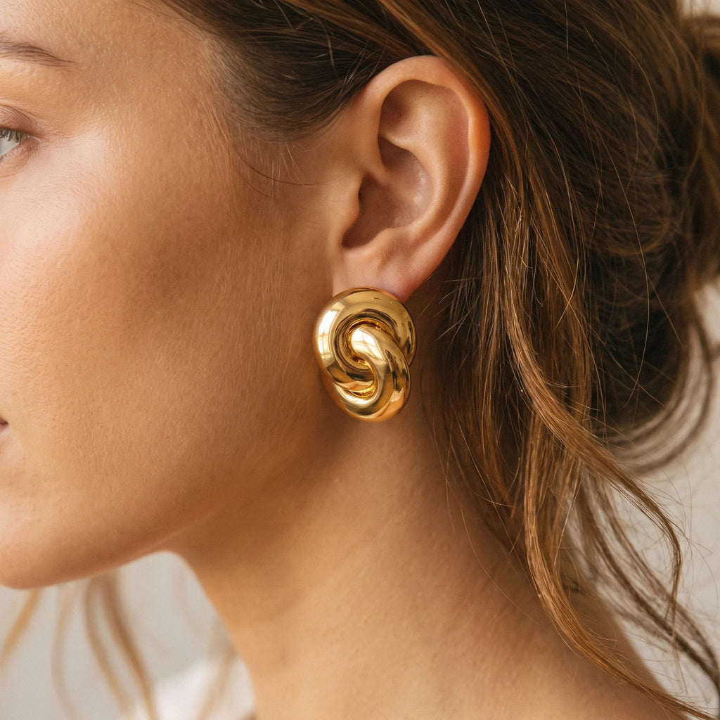 QIAOREN 14543 Chunky Love Knot Stud Earrings, Polished Thick Tube Gold Twisted Knot Earrings, Hypoallergenic Jewelry Gift