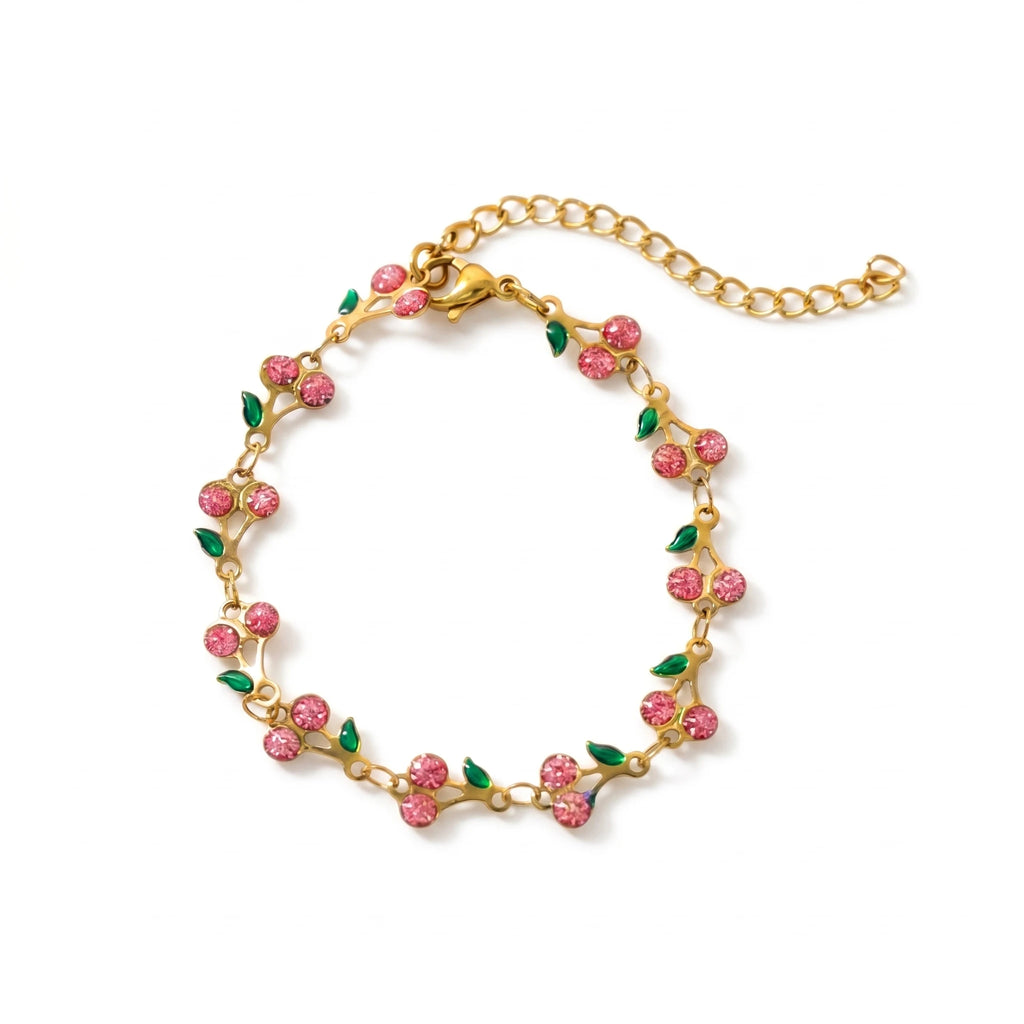 QIAOREN 12224-33 Waterproof Stainless Steel Gold Cherry Bracelet Pink Rhinestone Leaf Charm Bracelet for Women