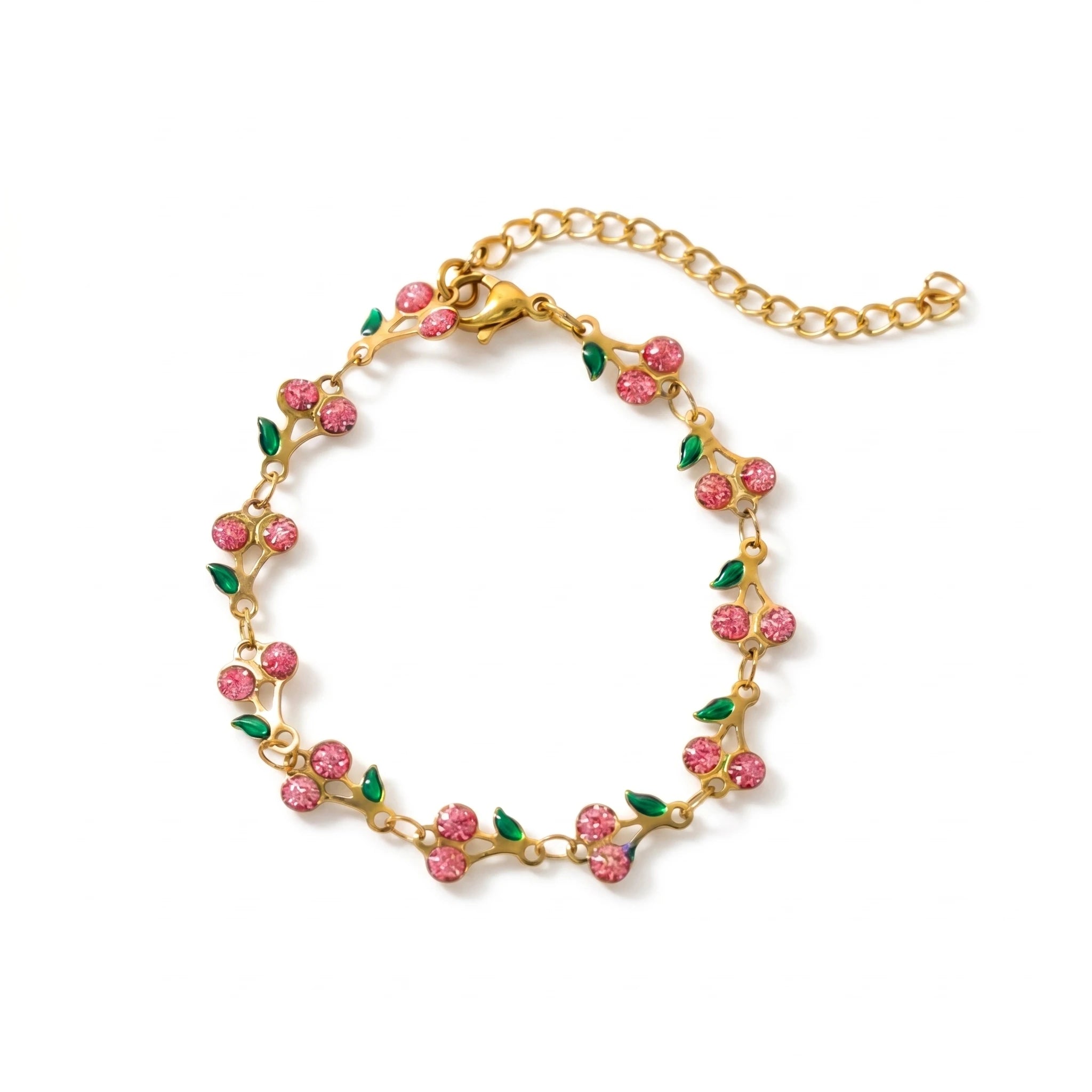 QIAOREN 12224-33 Waterproof Stainless Steel Gold Cherry Bracelet Pink Rhinestone Leaf Charm Bracelet for Women