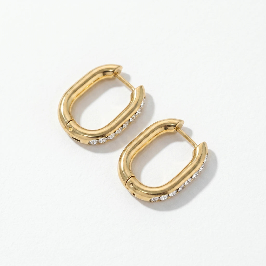 QIAOREN 12343 Women Gold Plated Stainless Steel Rectangle Hoop Earrings Single Row Cubic Zirconia Huggie Hoops Daily Jewelry