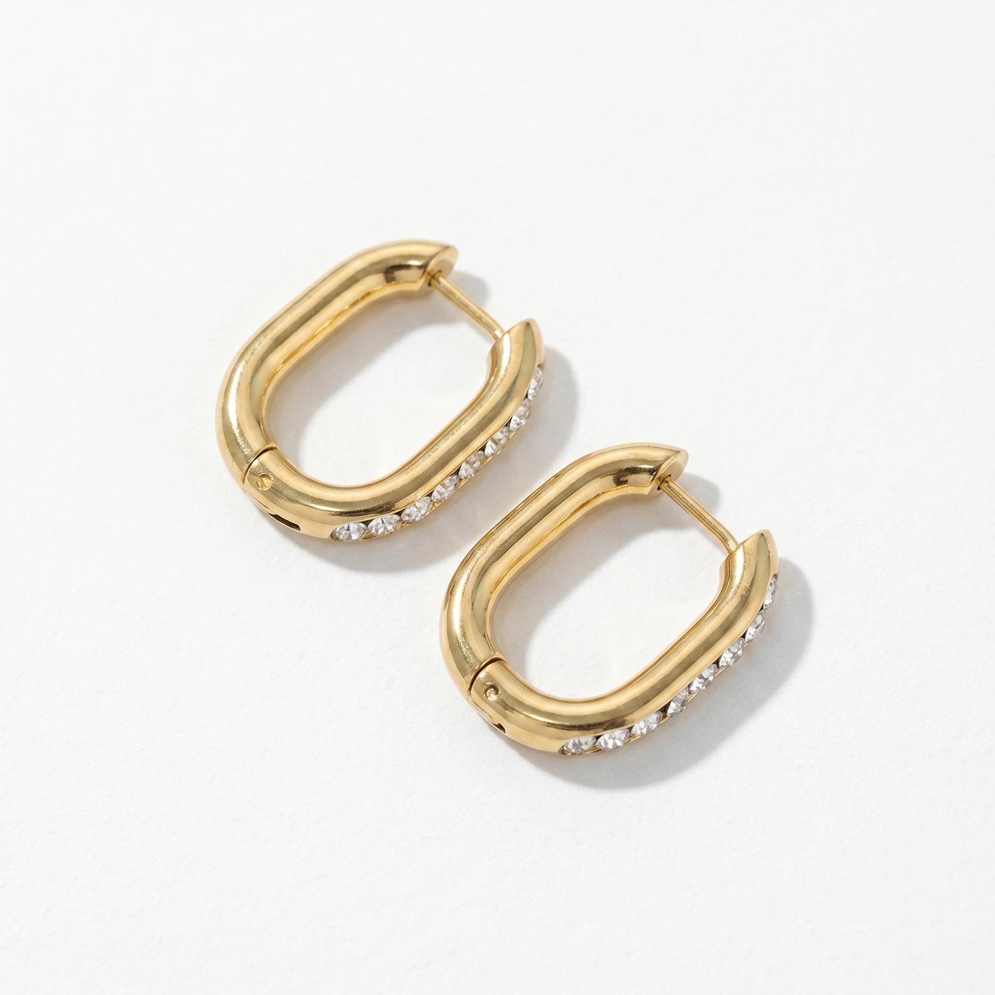 QIAOREN 12343 Women Gold Plated Stainless Steel Rectangle Hoop Earrings Single Row Cubic Zirconia Huggie Hoops Daily Jewelry