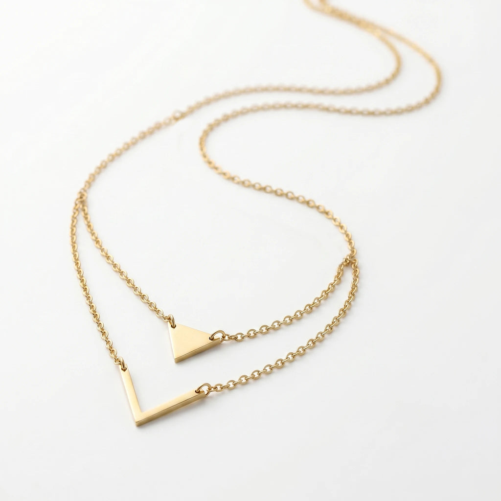 QIAOREN 11799 18K Gold Plated Stainless Steel Tarnish-Resistant Geometric Double Layer Triangle & Chevron Necklace