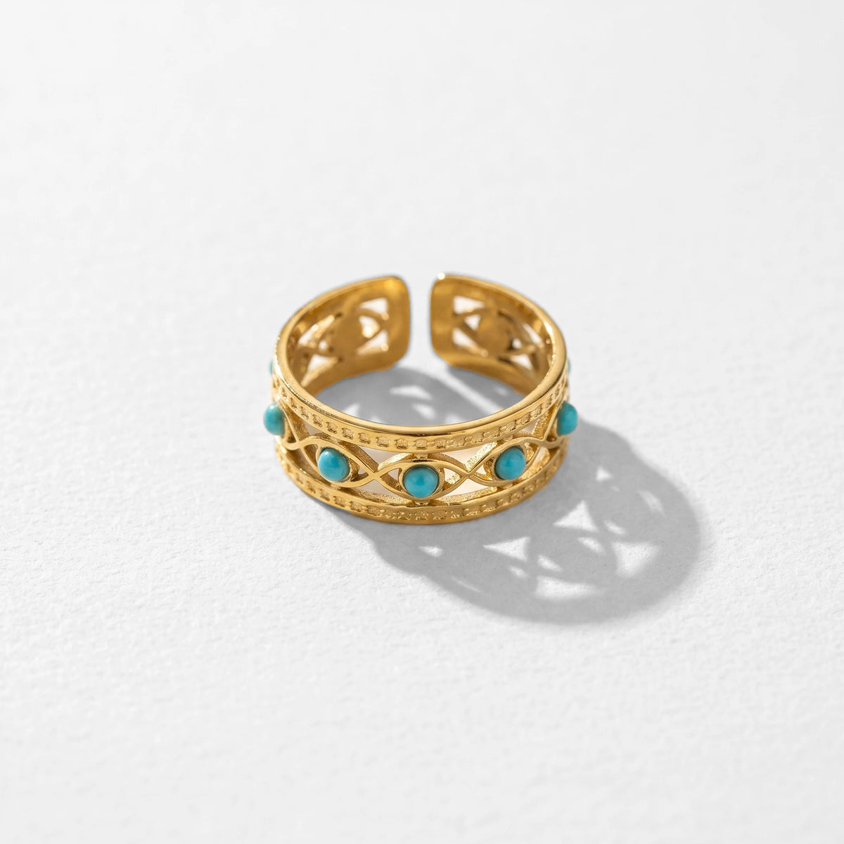 QIAOREN 13181-85 5Pcs Gold Stainless Steel Turquoise Open Ring Set Irregular Hammered Crown Adjustable Boho Stackable Rings
