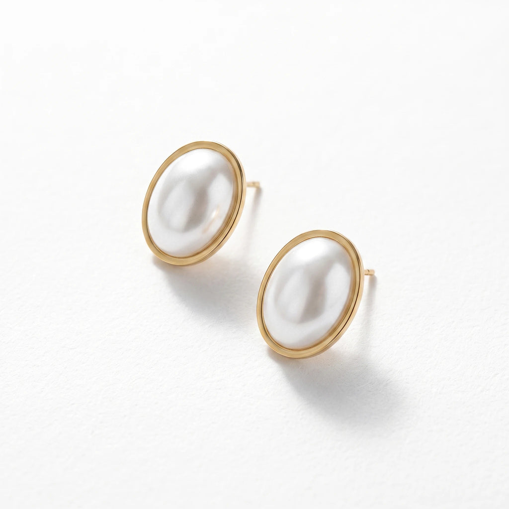 QIAOREN 13970 Stainless Steel Pearl Stud Earrings Gold Oval Pearl Earrings Minimalist Dainty Jewelry for Women