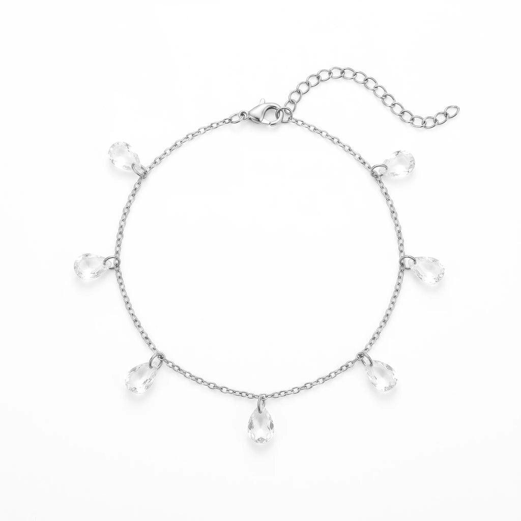 QIAOREN 11414 Tarnish Resistant Waterproof 18K Gold Plated Stainless Steel Teardrop CZ Charm Anklet