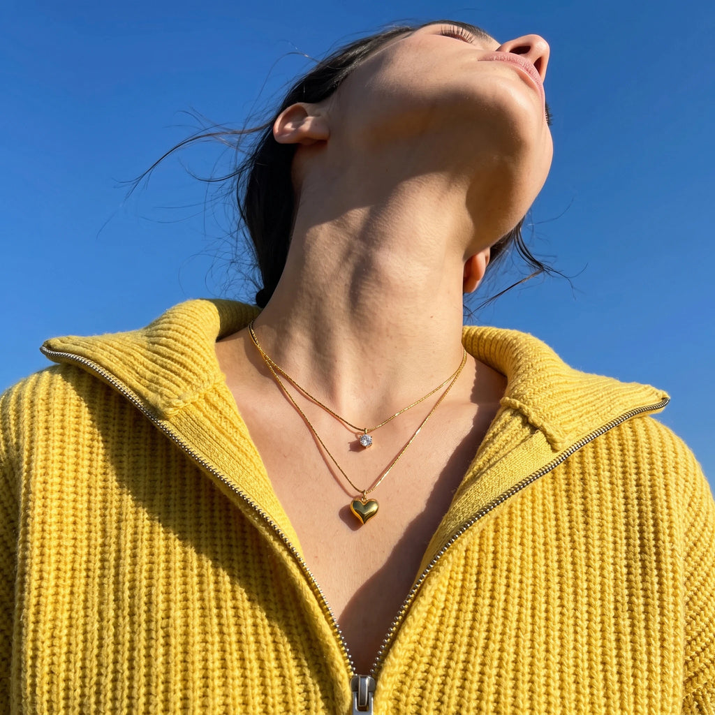 QIAOREN 13481 Dainty Double Layer Snake Chain Necklace with Tiny Round Zircon & Puffy Heart Pendants, Minimalist Layering