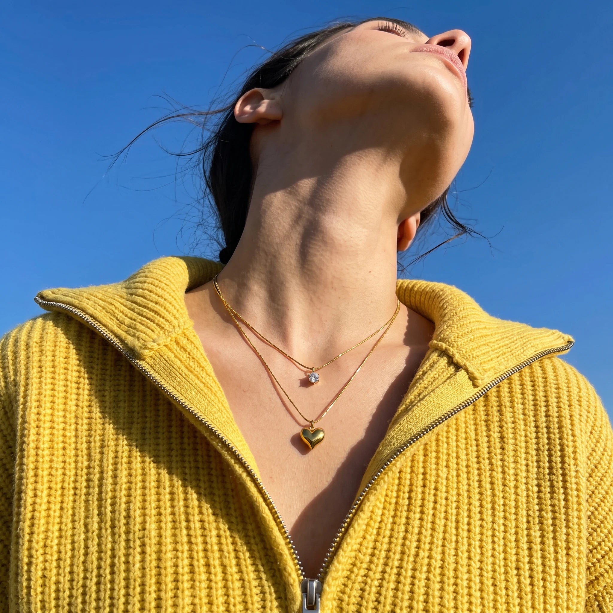 QIAOREN 13481 Dainty Double Layer Snake Chain Necklace with Tiny Round Zircon & Puffy Heart Pendants, Minimalist Layering