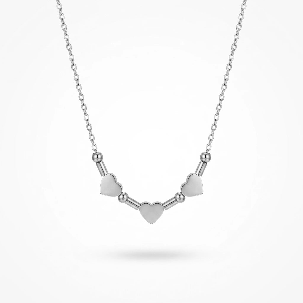 QIAOREN 11780 18K Gold Plated Stainless Steel Three Heart Beaded Bar Necklace Dainty Love Jewelry Gift for US European Women