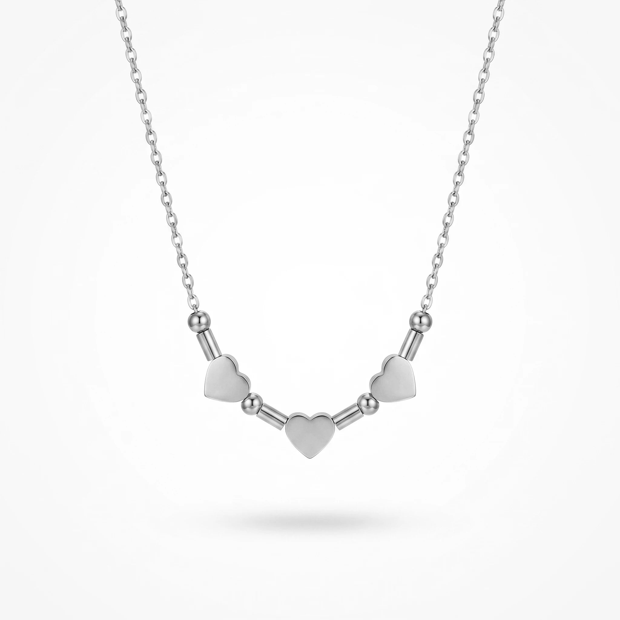 QIAOREN 11780 18K Gold Plated Stainless Steel Three Heart Beaded Bar Necklace Dainty Love Jewelry Gift for US European Women