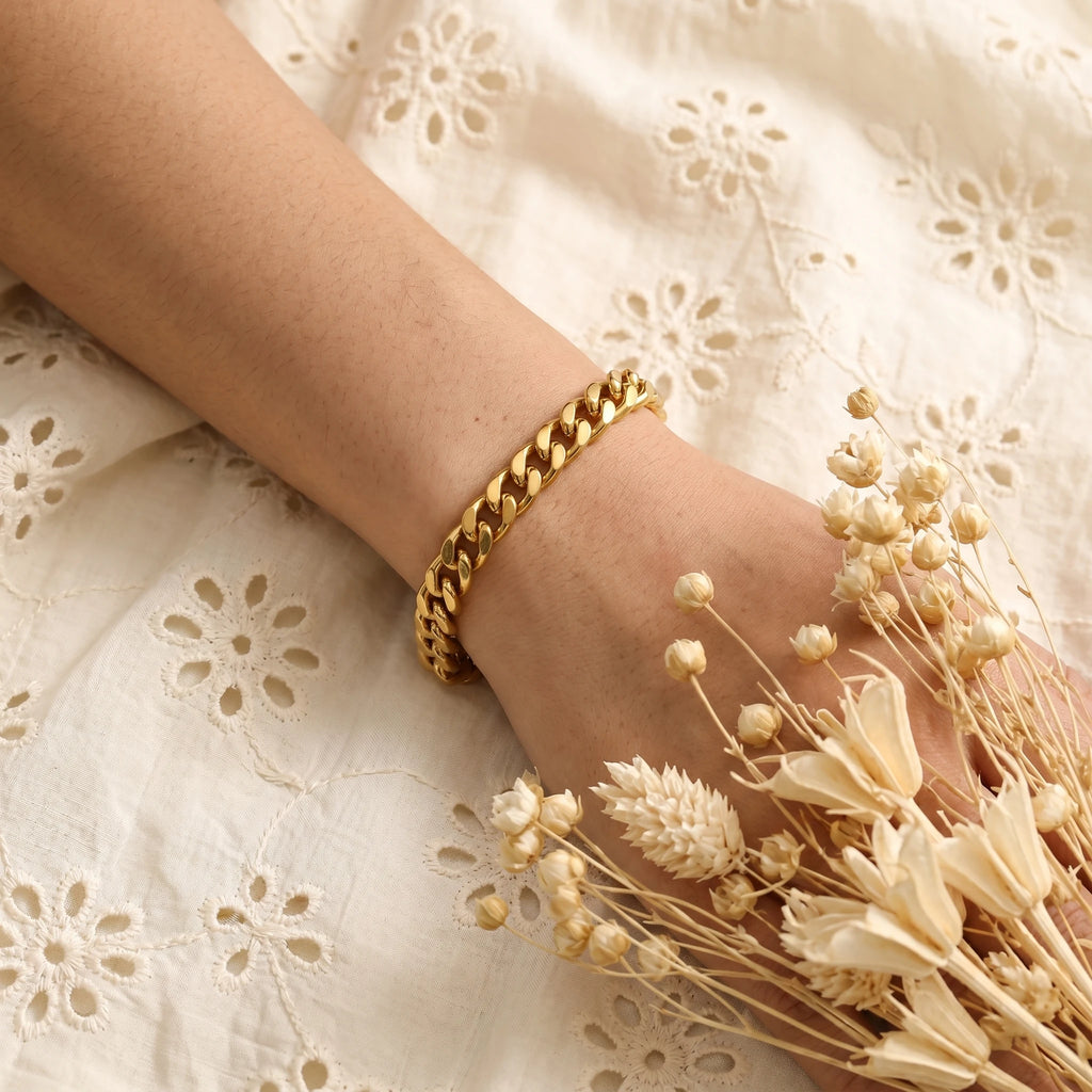 QIAOREN 10619 Thick Cuban Link Geometric Trendy Chain Bracelet 18K Gold Plated Stainless Steel Waterproof Tarnish