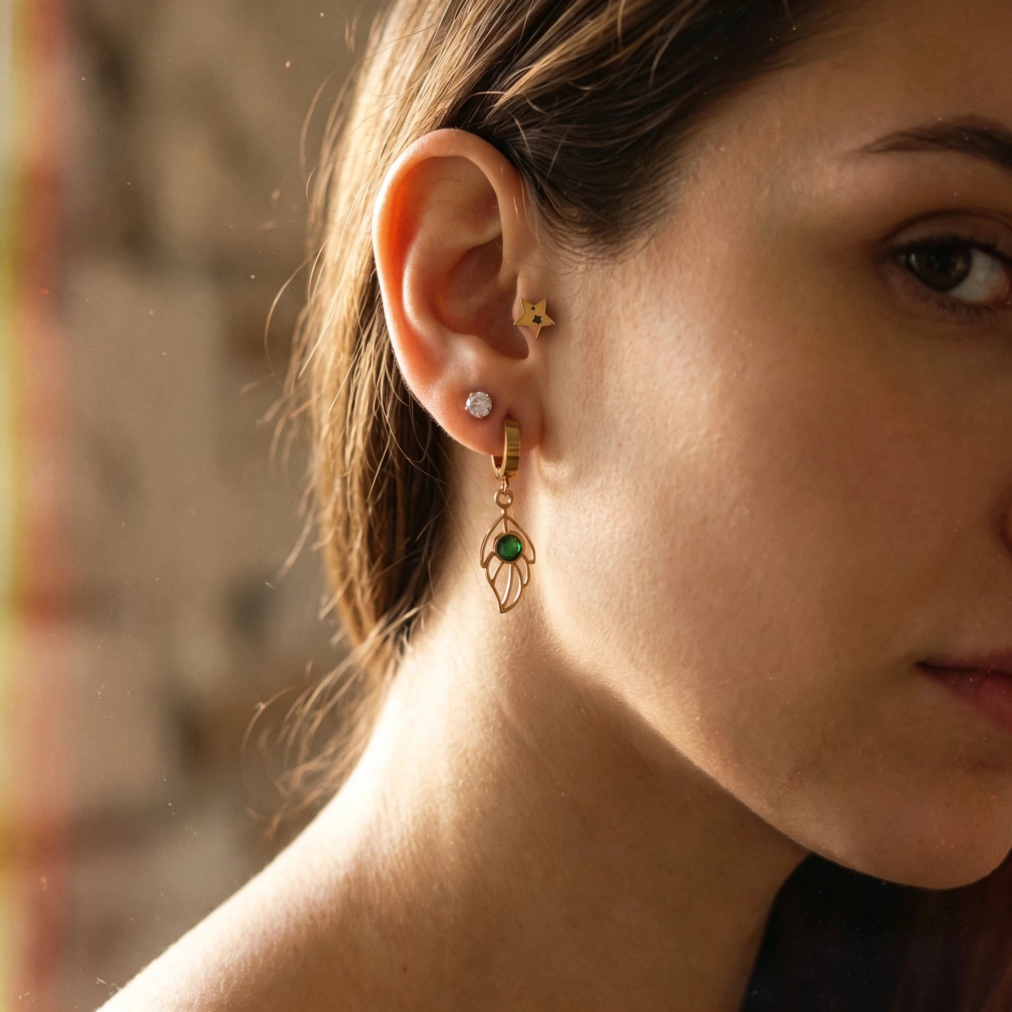 QIAOREN 14525 Waterproof Stainless Steel Earrings Set Star Leaf Hoop Drop Stud Earrings Green CZ Jewelry Women