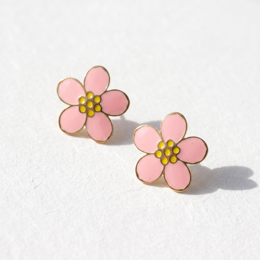 QIAOREN 7782 Gold Tone Pink Enamel Five Petal Flower Stud Earrings Yellow Dot Stamen Floral Pin Studs Sweet Fresh Girly Style