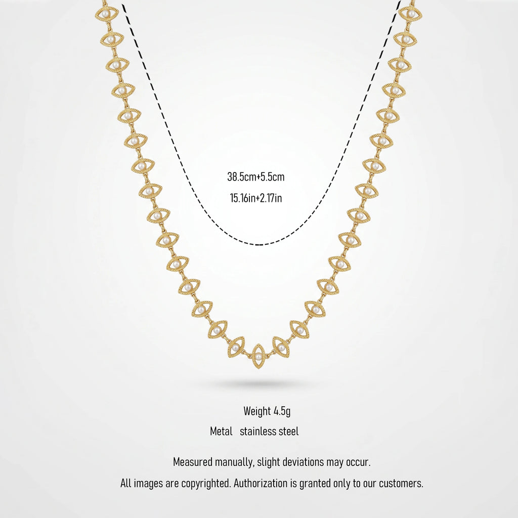 QIAOREN 13848 Stainless Steel Pearl Marquise Link Necklace Waterproof Hypoallergenic Minimalist Choker for Women