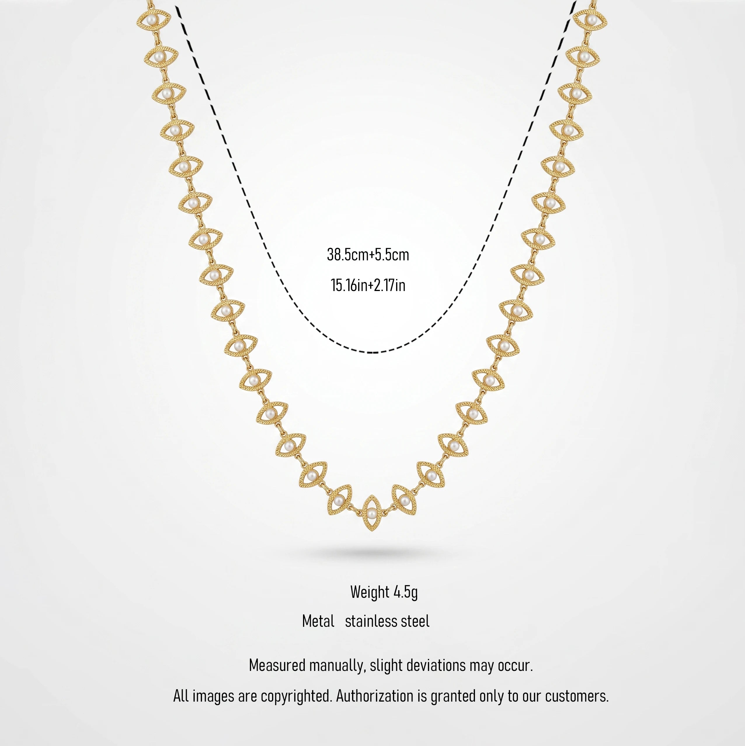 QIAOREN 13848 Stainless Steel Pearl Marquise Link Necklace Waterproof Hypoallergenic Minimalist Choker for Women