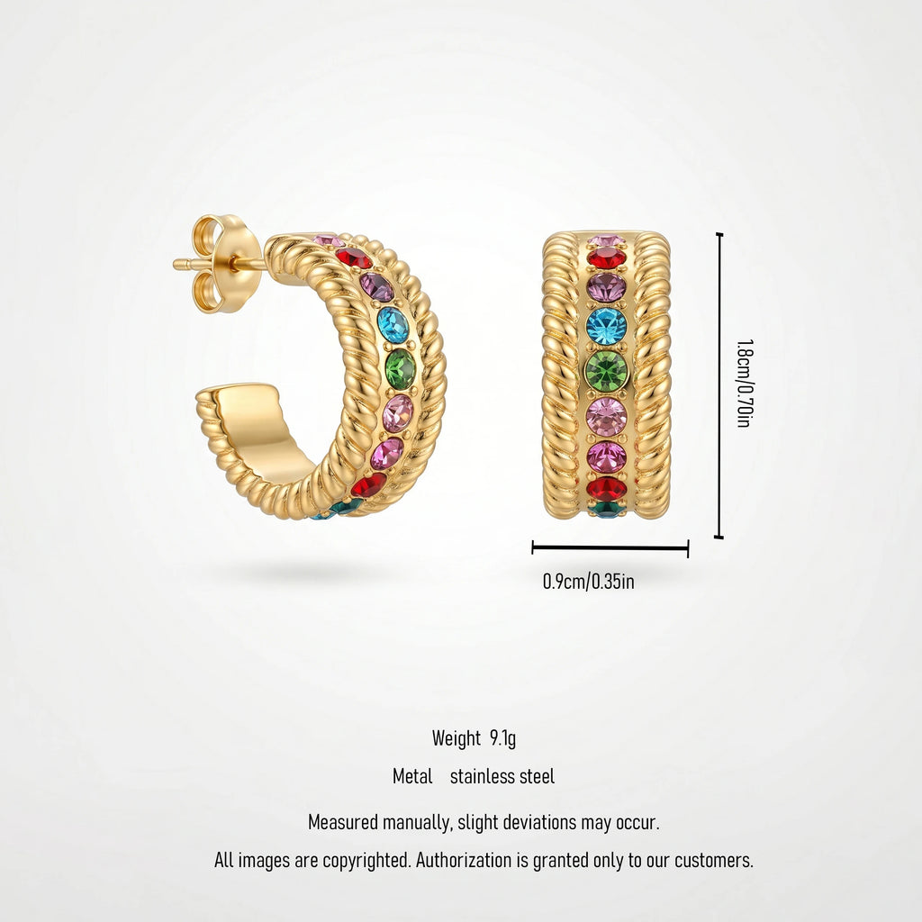 QIAOREN 12427Waterproof Tarnish Free Twisted Cable Border Earrings Stainless Steel Gold Multicolor CZ Half Hoop Studs Women