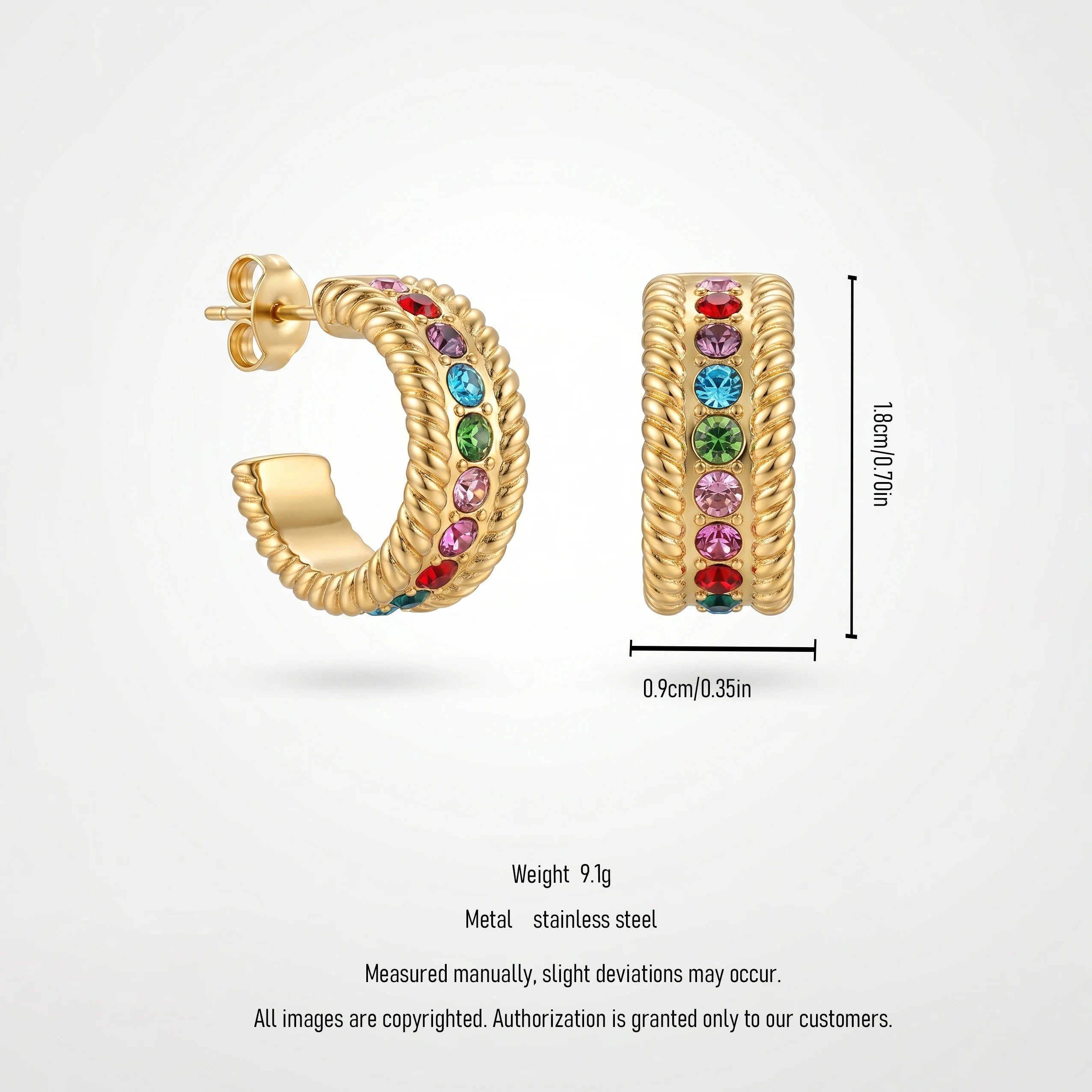 QIAOREN 12427Waterproof Tarnish Free Twisted Cable Border Earrings Stainless Steel Gold Multicolor CZ Half Hoop Studs Women