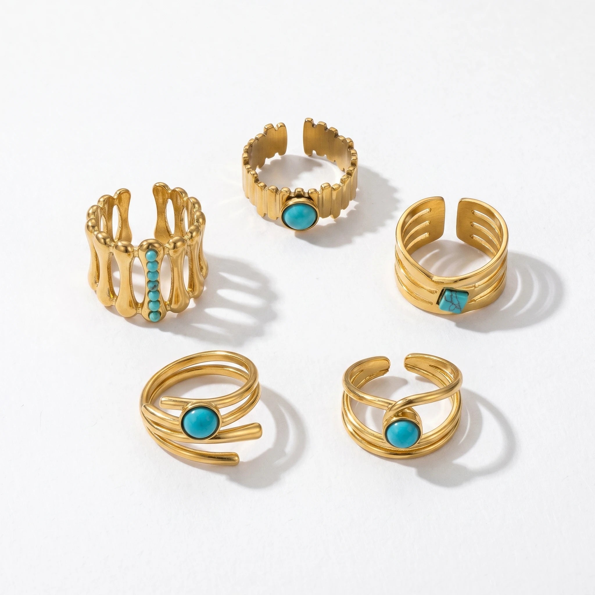 QIAOREN 13151-55 5Pcs Gold Stainless Steel Turquoise Open Ring Set Geometric Stackable Adjustable Boho Waterproof Jewelry