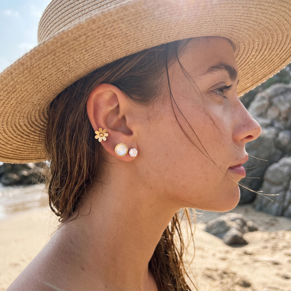 QIAOREN 14467 3 Pair Gold Stainless Steel Stud Earrings Set, Matte Flower Studs, Round Quartz Studs & Prong Set CZ Studs