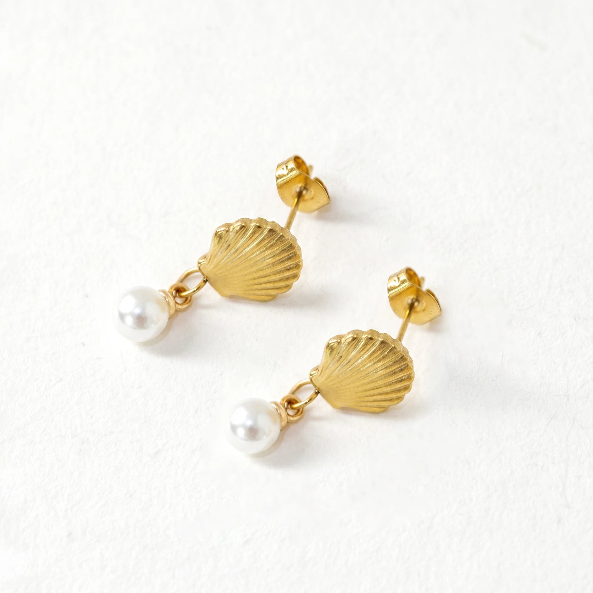 QIAOREN11786 18K Gold Plated Stainless Steel Sea  Earrings with Double Imitation Pearl Tassel Drop