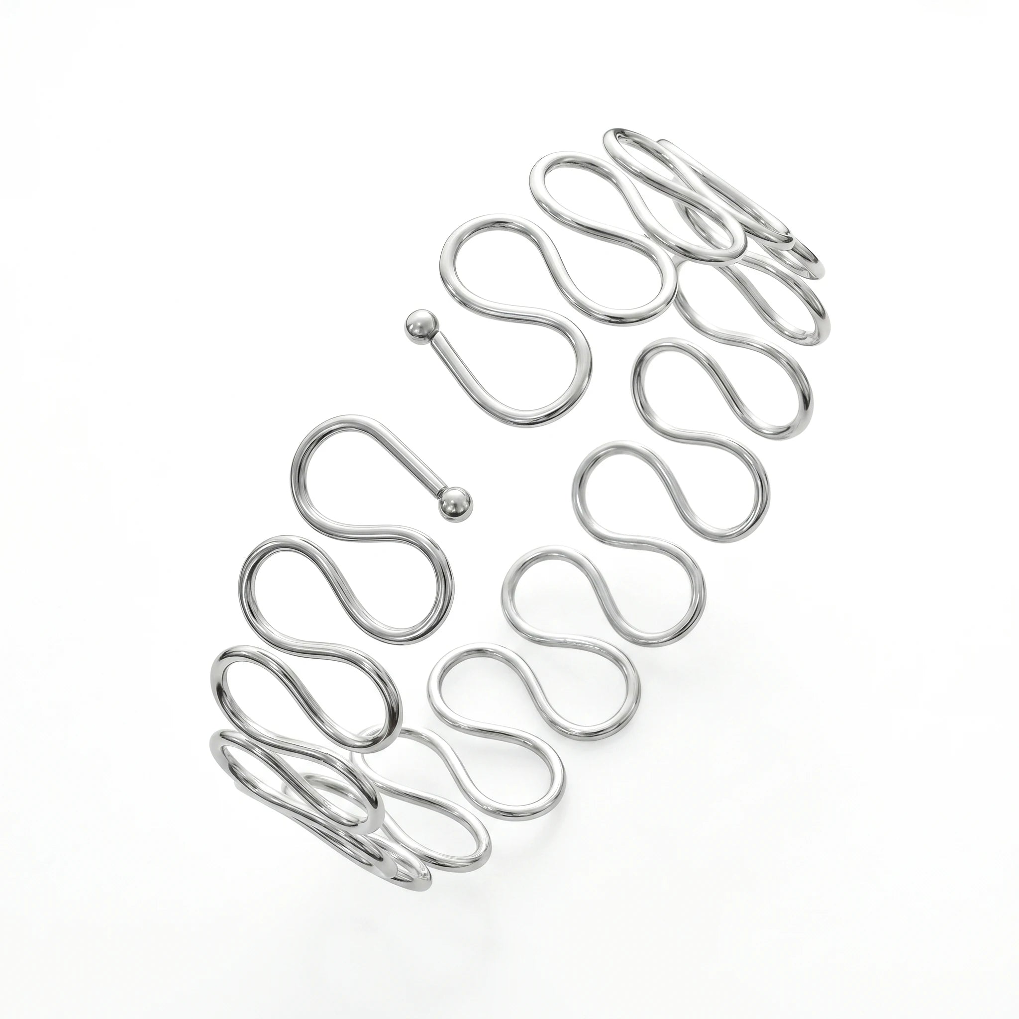 QIAOREN 12805 Stainless Steel Silver Multi Wave Open Cuff Bangle Adjustable Twisted Loop Wide Wrist Bracelet for Women