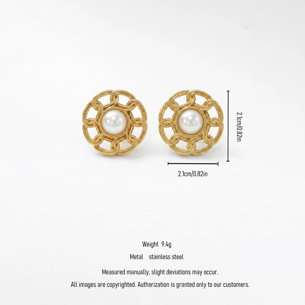 QIAOREN 12264 Trendy French Vintage Pearl Stud Earrings Gold Stainless Steel Interlocking Curb Chain Link Openwork Jewelry Women