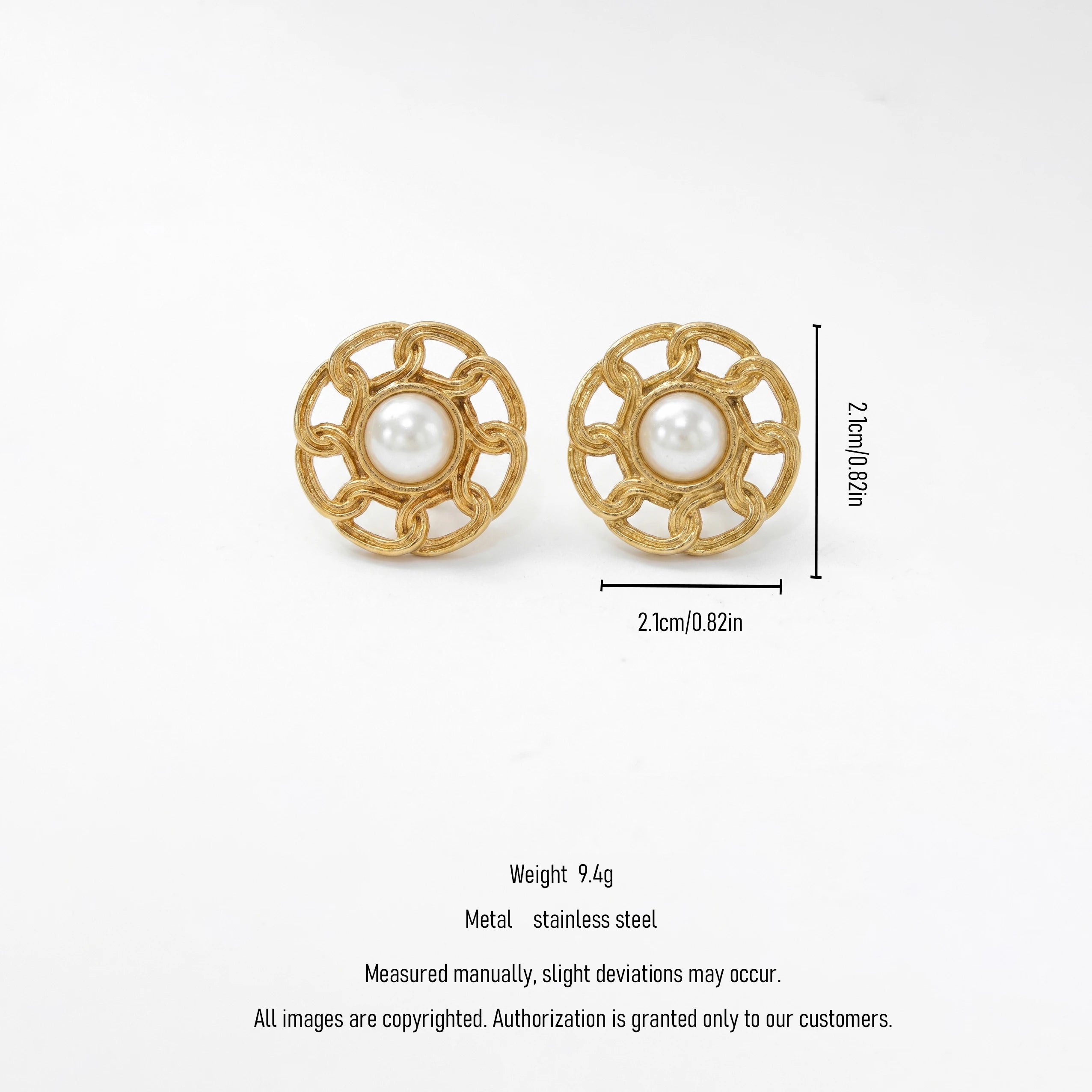 QIAOREN 12264 Trendy French Vintage Pearl Stud Earrings Gold Stainless Steel Interlocking Curb Chain Link Openwork Jewelry Women