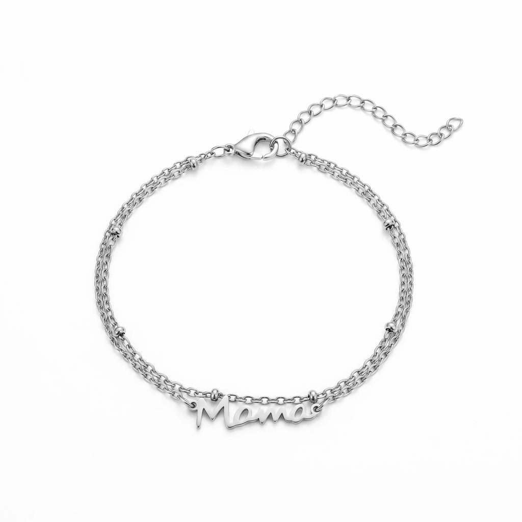QIAOREN 11445 18K Gold Plated Cursive Mama Double Layer Bracelet With Beads Stainless Steel Tarnish Free