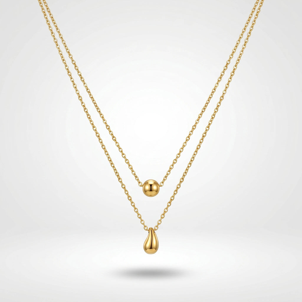 QIAOREN 10582 Water Drop Bead Double Layer Necklace 18K Gold Plated Stainless Steel Waterproof Tarnish Free Trendy Jewelry