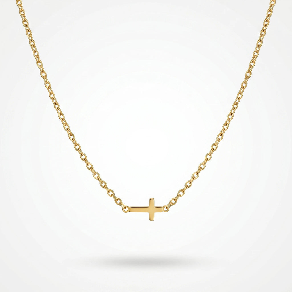 QIAOREN  10629 18K Gold Plated Sideways Mini Cross Necklace Stainless Steel Tarnish Free Waterproof Jewelry