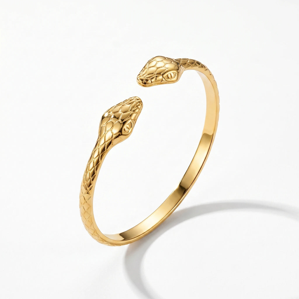 QIAOREN 12711 18K Gold Engraved Double Snake Head Open Cuff Stainless Steel Scale Textured Adjustable Stackable Trendy Women's