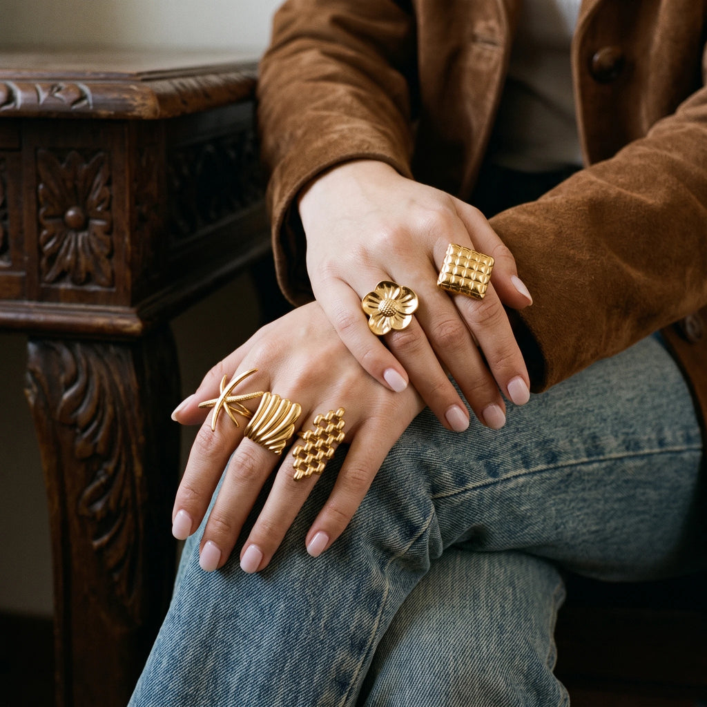 QIAOREN 14269-78 Vintage Textured Geometric Floral Open Cuff Ring Set, Adjustable Stackable Gold Tone Statement Rings