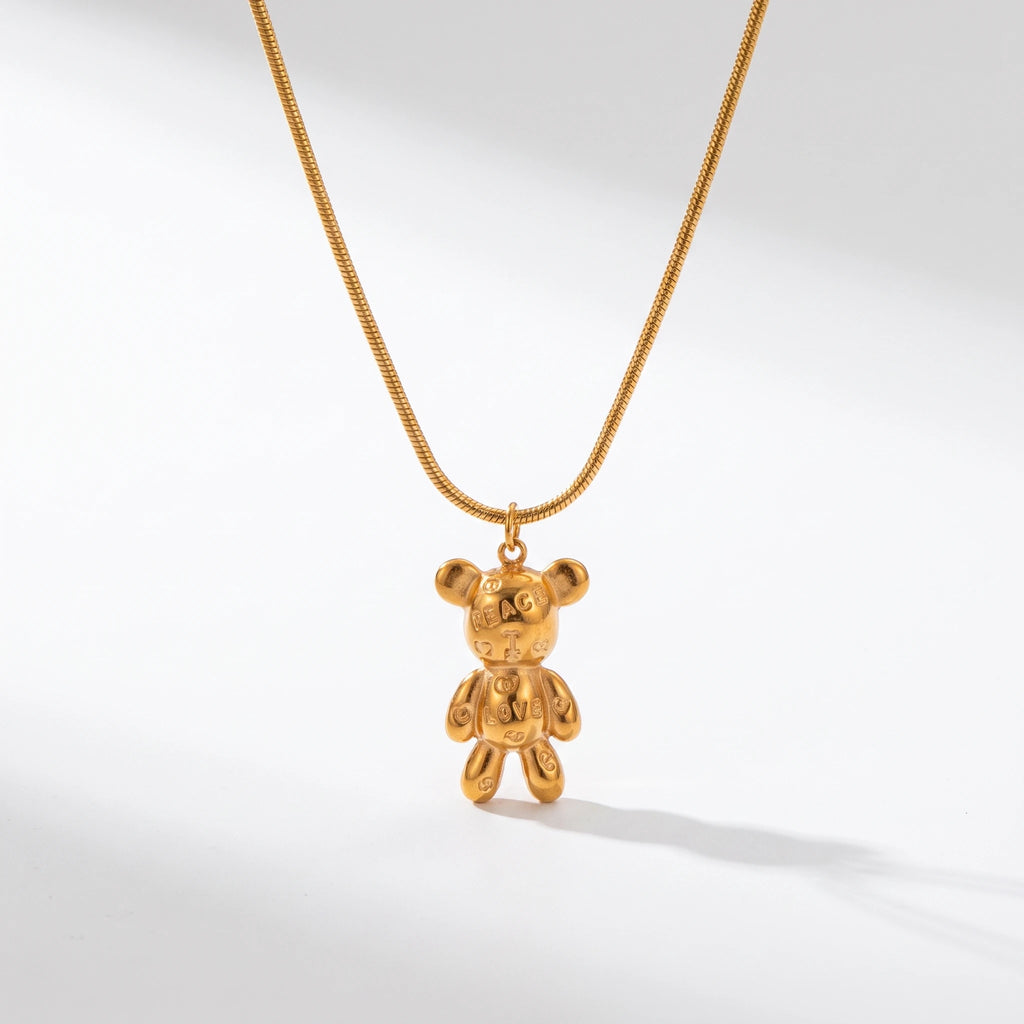 QIAOREN 14377 Peace Love Engraved Teddy Bear Pendant Snake Chain Necklace, Stainless Steel Necklace Jewelry Gift