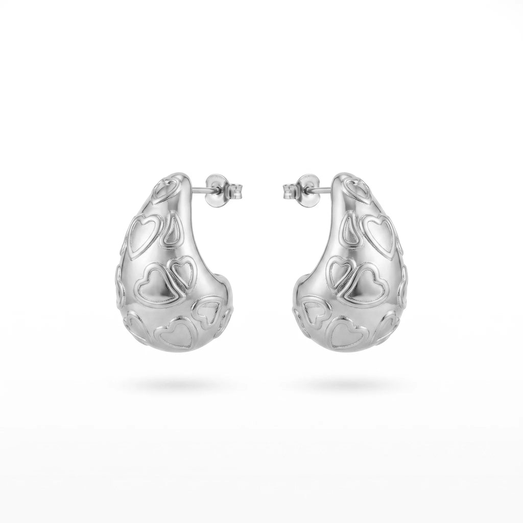 QIAOREN 12270 Elegant Carved Heart Puffy Teardrop Earrings Gold Stainless Steel Sweet Romantic Waterdrop Statement Gift Women
