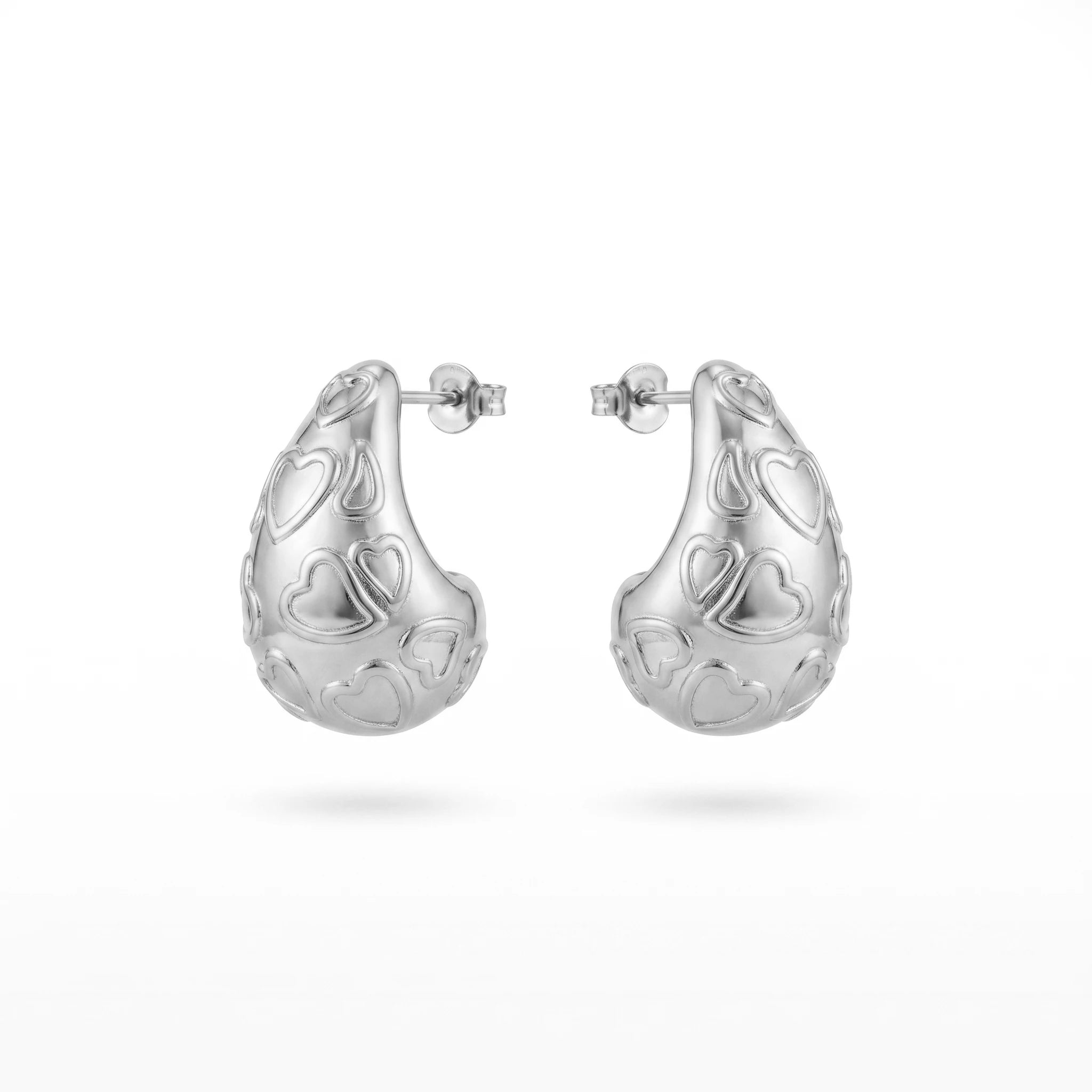 QIAOREN 12270 Elegant Carved Heart Puffy Teardrop Earrings Gold Stainless Steel Sweet Romantic Waterdrop Statement Gift Women